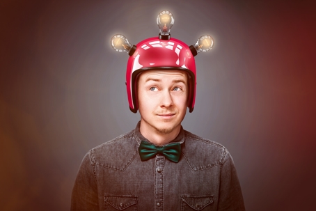 guy wearing a helmet with bulbs