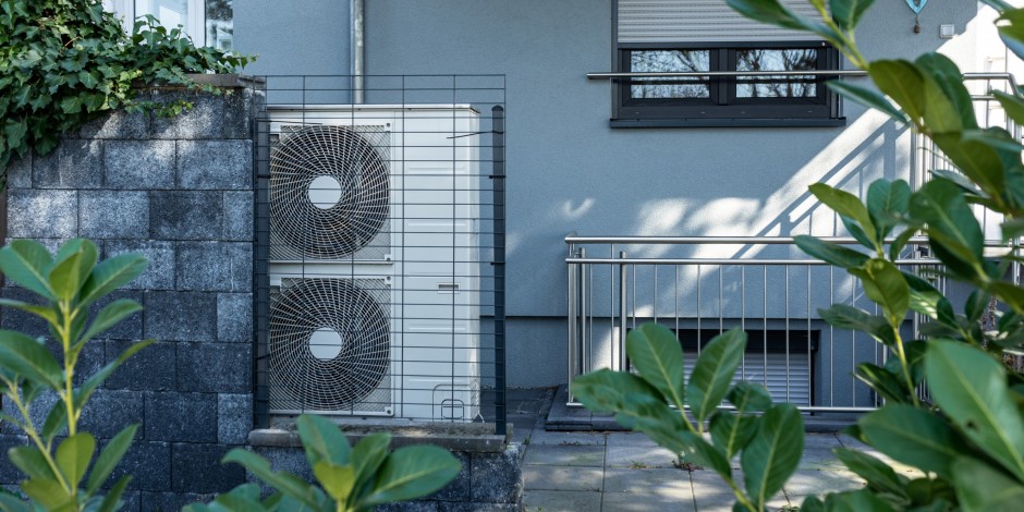 Heat pump outside home with plants surrounding it
